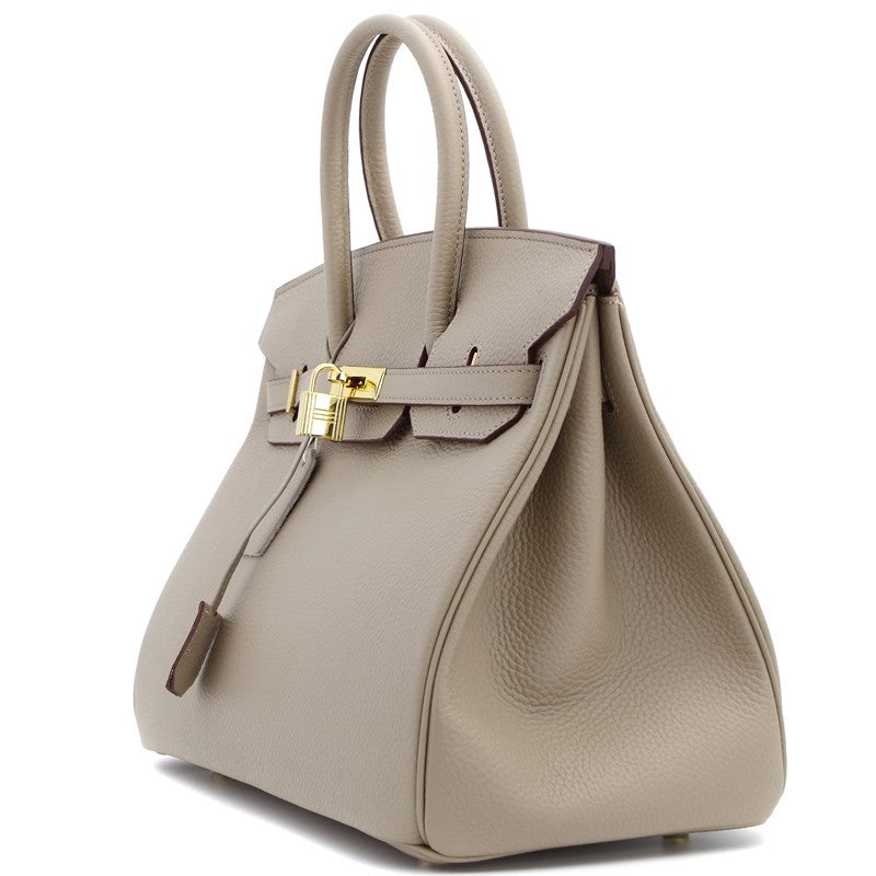 Phoebe Authentic Cowhide Leather Top Handle Bag with Padlock - Taupe Gold