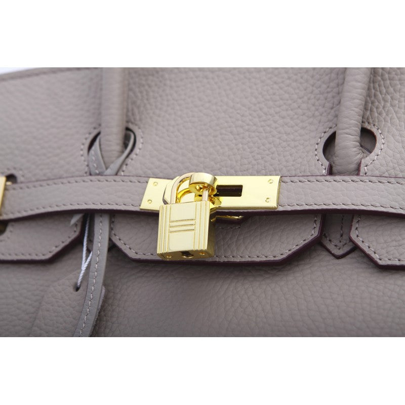 Phoebe Authentic Cowhide Leather Top Handle Bag with Padlock - Taupe Gold