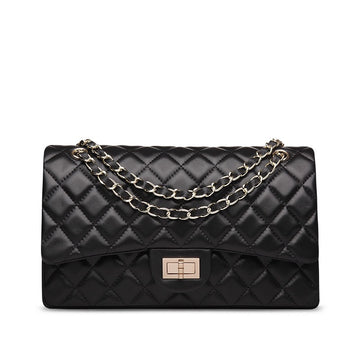 Kate Quilted Lambskin Leather Double Flap Shoulder Bag with Leather-Woven Gold-tone Chain Strap