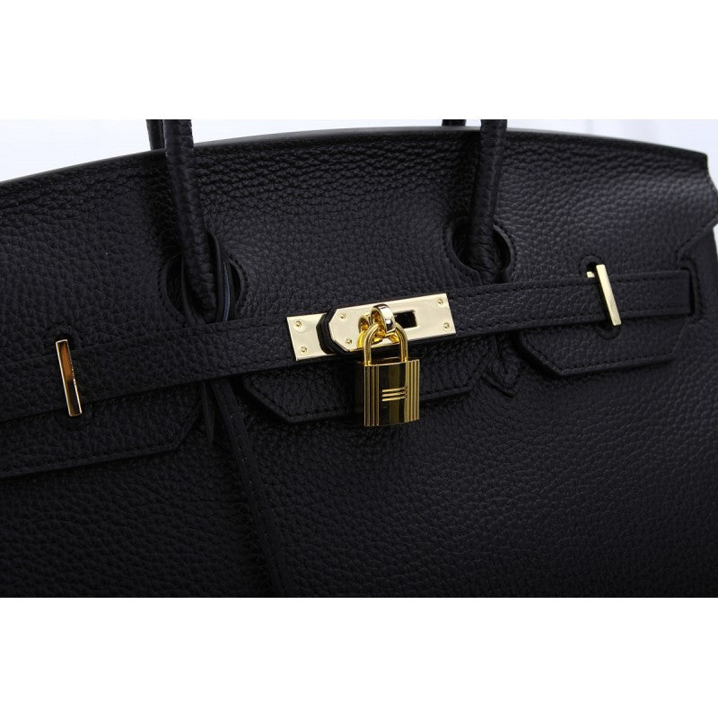 Hallie Authentic Cowhide Leather Top Handle Bag with Padlock - Black