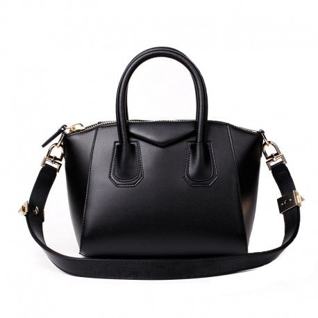 Kylie Calfskin Leather Top Handle Trapezoid Bag - Black