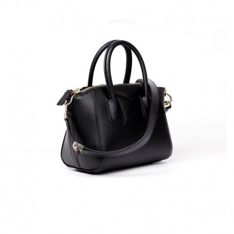 Kylie Calfskin Leather Top Handle Trapezoid Bag - Black