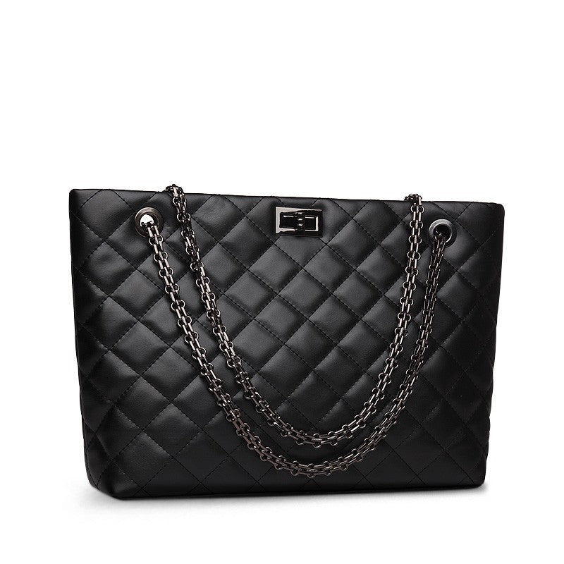 Alexa Quilted Cowhide Leather Tote Bag with Chain Shoulder Strap - Black