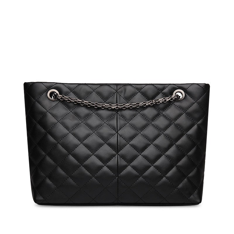 Alexa Quilted Cowhide Leather Tote Bag with Chain Shoulder Strap - Black