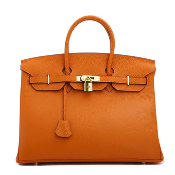 Robyn Authentic Cowhide Leather Top Handle Bag with Padlock - Orange