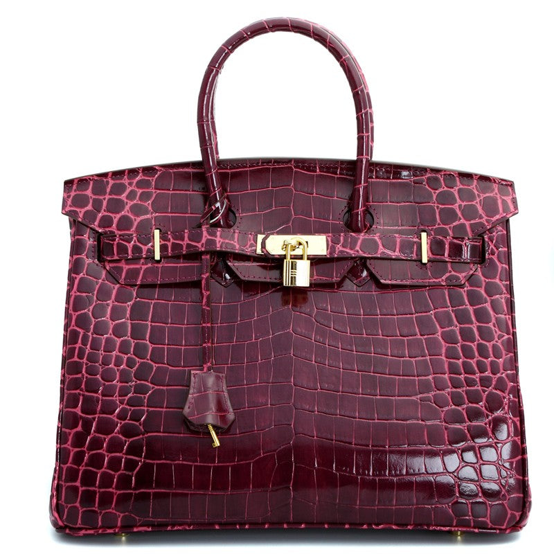 Victoria Authentic Crocodile Pattern Cowhide Leather Top Handle Bag with Padlock - Purple